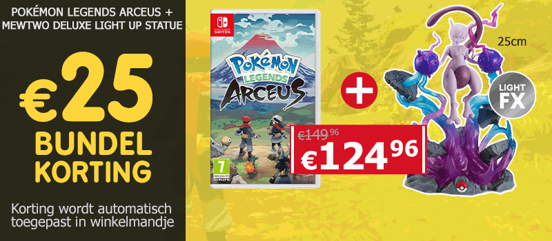 Koop Pokémon Legends: Arceus samen met een lichtgevende statue van Mewtwo en ontvang 25 euro bundelkorting