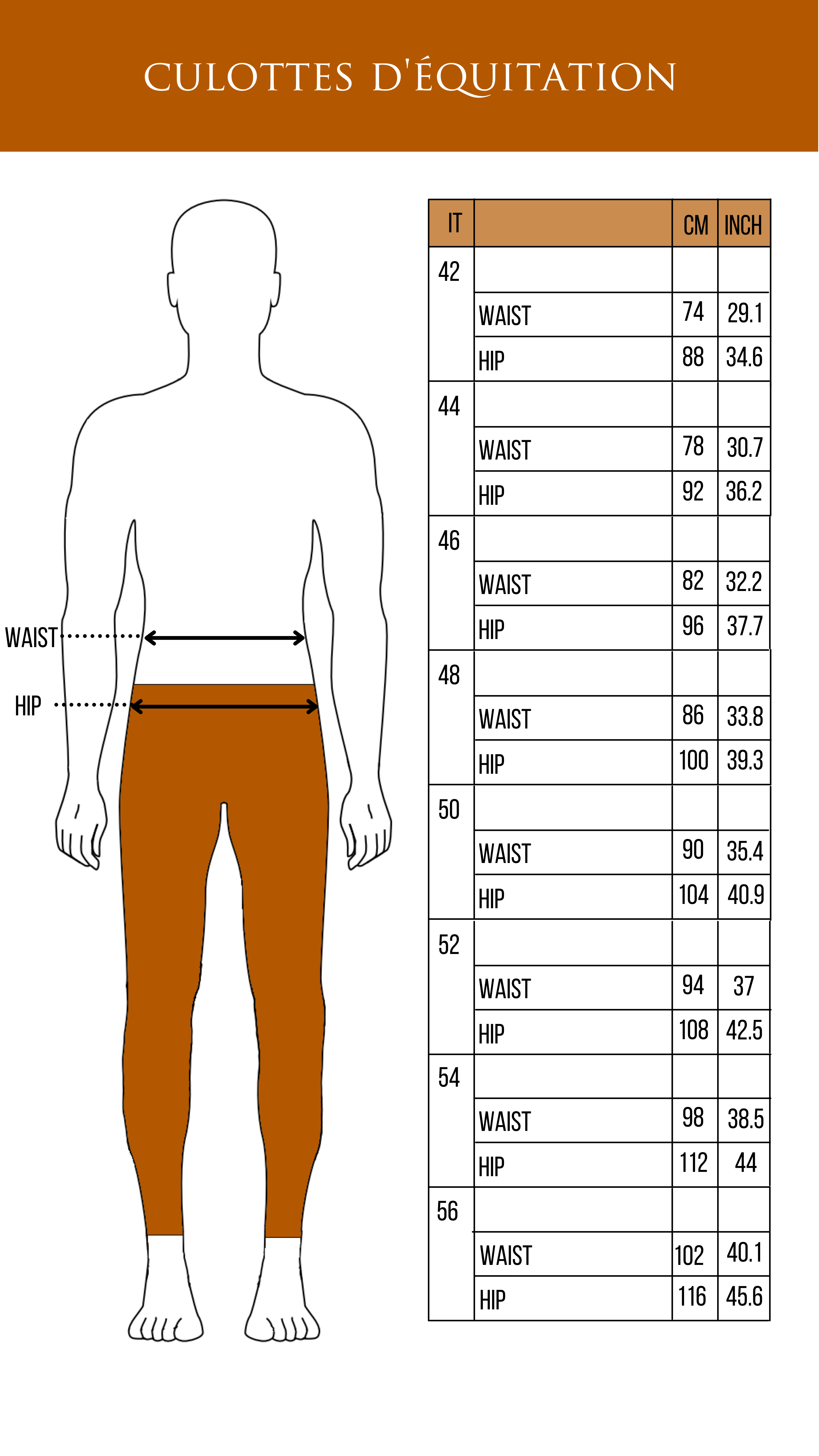 Tableau des tailles Animo culotte de cheval pour messieurs