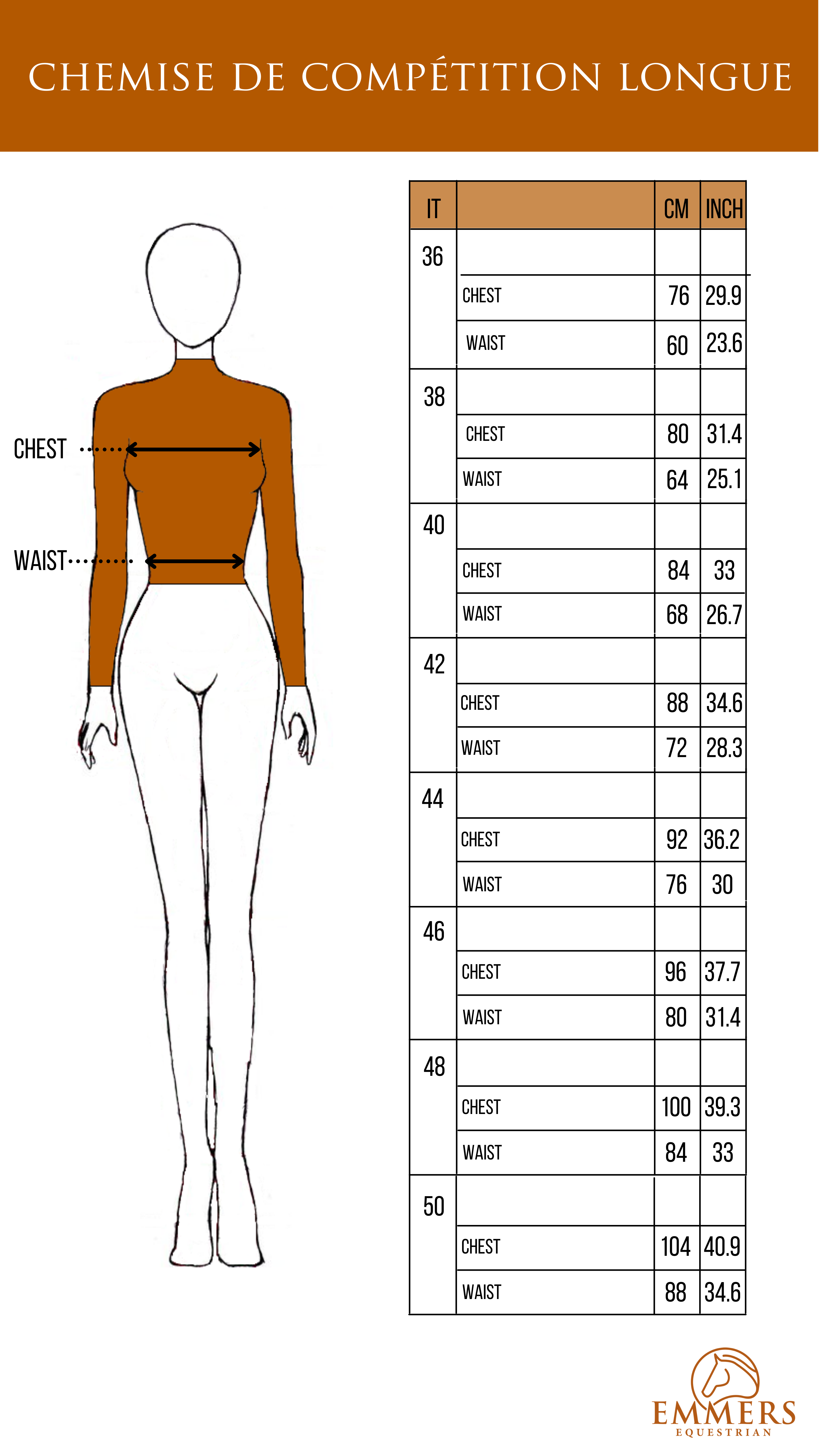 Tableau des tailles Animo chemise de compétition à manches longues pour mesdames