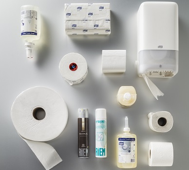 Zeep, dispensers, luchtverfrissers, toiletpapier voor sanitair.