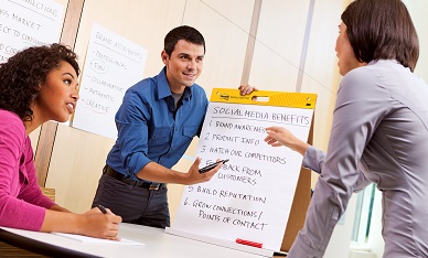 Presentatie geven met een witbord, krijtbord of flipchart.