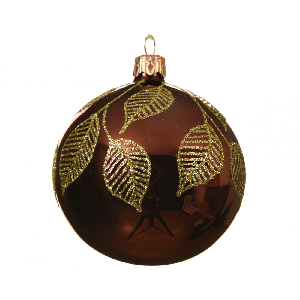 Boule De Noël Verre 8cm Diamètre Rouge Brun Avec Feuilles