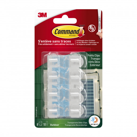 COMMAND Petits Clips Déco Extérieur Transparent 8 Pièces + 10 Languettes