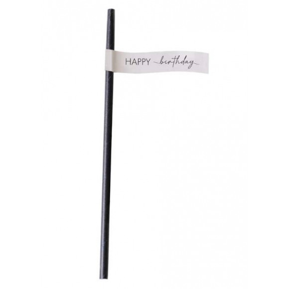 GINGER RAY Rietjes Papier Zwart 20cm + Vlag "Happy Birthday" 16 Stuks