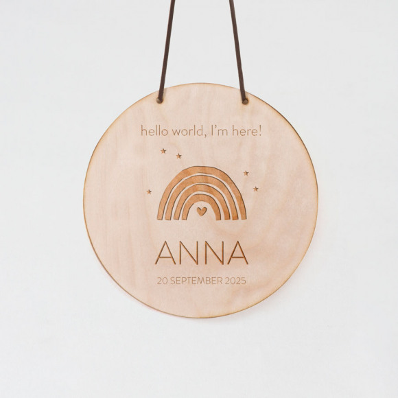 MIJN ONTWERP Rond houten naamplaatje en regenboog gelaserd 1Size
