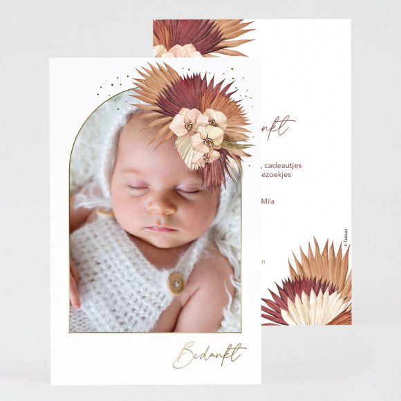 MIJN ONTWERP Uniek boho bedankkaartje geboorte met goudfolie, foto en droogbloemen NoColour 1Size