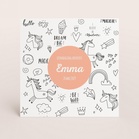 MIJN ONTWERP Uitnodiging meisje met unicorn illustraties 1Size