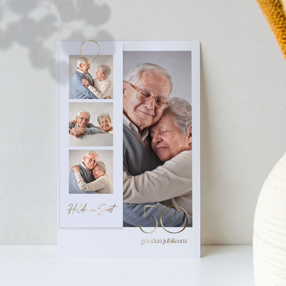 MIJN ONTWERP Hippe uitnodiging met foto's, goudfolie en fotostrip 1Size