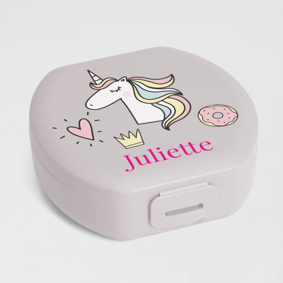 MIJN ONTWERP Klein rond snackdoosje met unicorn en naam 1Size