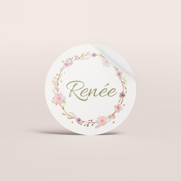 MIJN ONTWERP Ronde naamsticker doopsuiker met bloemenkrans roze (3,7 cm) 1Size