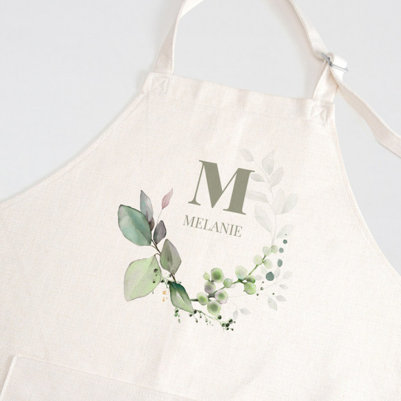 MIJN ONTWERP Tablier de cuisine Initiale et feuillage aquarelle 1Size