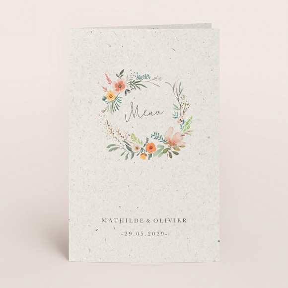 MA CRÉATION Menukaart natuurpapierlook met bloemenkrans 1Size
