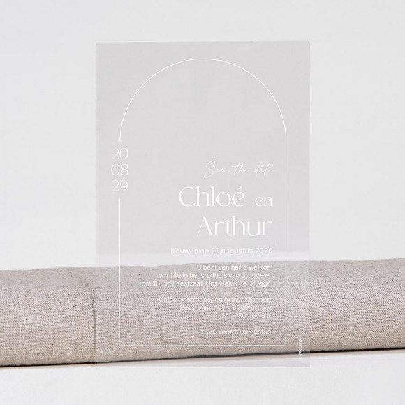 MAAK JE ONTWERP Trouwkaart in acryl met stolpvormig kader en witte tekst 1Size