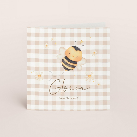 MAAK JE ONTWERP Faire part naissance vichy beige et petite abeille 1Size