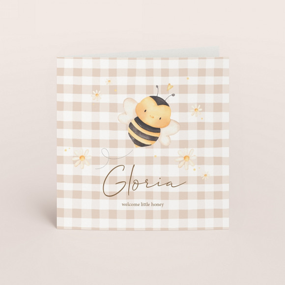 MAAK JE ONTWERP Vierkant geboortekaartje met ruitjes en schattige bij 1Size