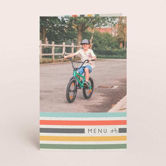 MIJN ONTWERP Gestreepte menukaart met foto en fietsje 1Size
