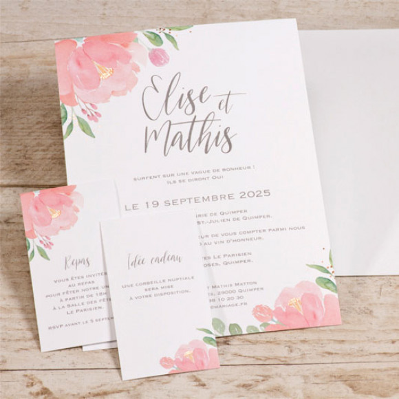 MA CRÉATION Faire part mariage simple carte fleurs roses aquarelle| Buromac 108022 Non applicable 1Size