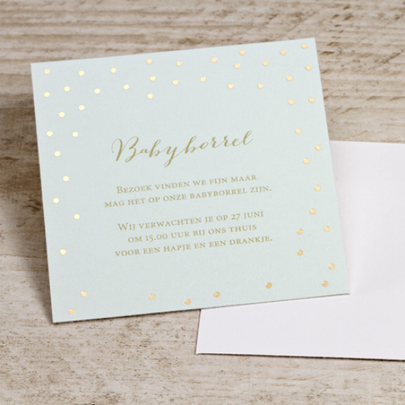MA CRÉATION Muntgroen babyborrelkaartje met gouden confetti 1Size
