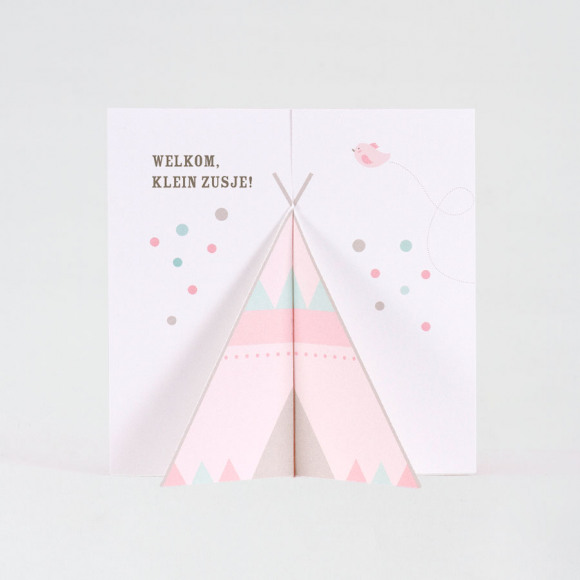 MIJN ONTWERP Vierkant geboortekaartje roze tipi tent | Buromac 507131 NoColour 1Size