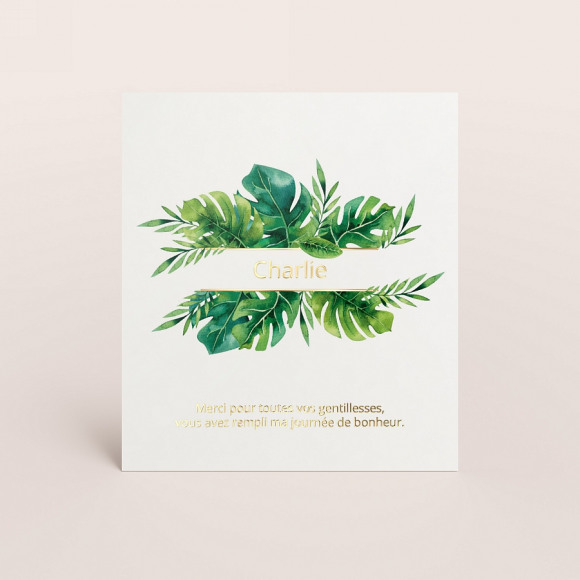 MIJN ONTWERP Carte de remerciement naissance feuilles tropicales et prénom doré 1Size
