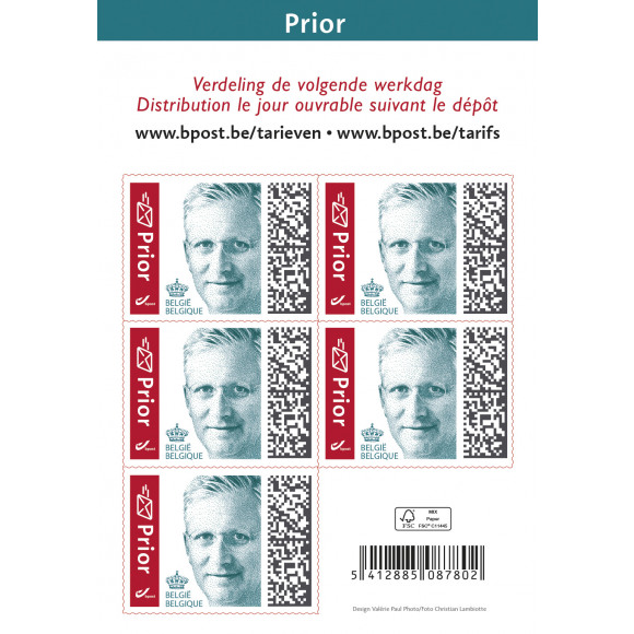 BPOST Postzegel Nationaal Tarief Prior Koning Filip 5 Stuks