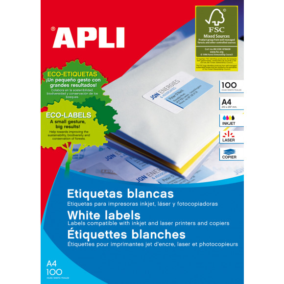 APLI Etiketten 105x148mm I/L/C Wit 100 A4-Vellen 400 Stuks