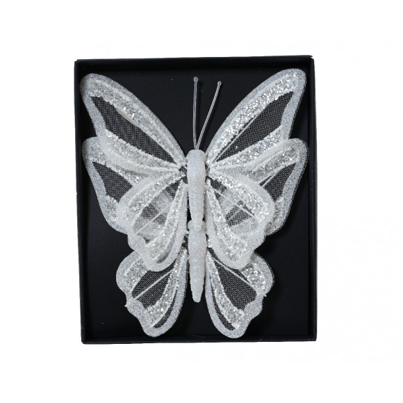 AVA selection Vlinder Op Clip Winterwit Met Glitters 14x12cm 2 Stuks