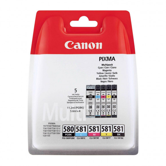 Canon Pack Van 5 Pgi-580 / Cli-581 Pgbk / Bk / C / M / Y-cartridges - Zwart + Kleur