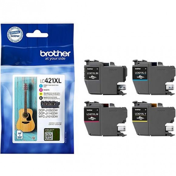 4 Inktpatronen LC421XLVAL - BROTHER - Zwart, Cyaan, Magenta en Geel 500 pagina's - Voor DCP-J1050DW, MFC-J1010DW en DCP-J1140DW