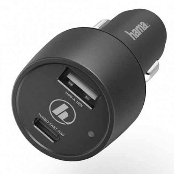 HAMA  Auto-oplader, USB-C, Power Delivery (PD)/Qualcomm® + USB-A, 42 watt, zwart