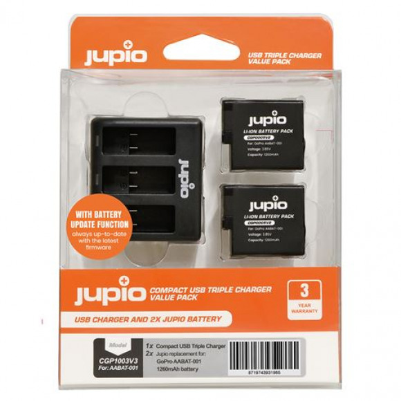 Jupio Value Pack: 2x Battery GoPro HERO5/6/7. HERO (2018) AHDBT-501 1260mAh + Compact USB Triple Charger (update version)