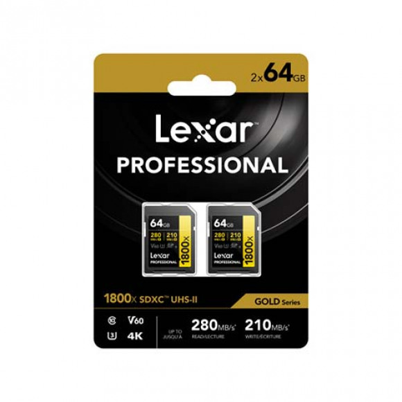 Lexar 64GB SDXC Pro UHS-II U3 V60 1800x 270MB/s geheugenkaart - 2 stuks