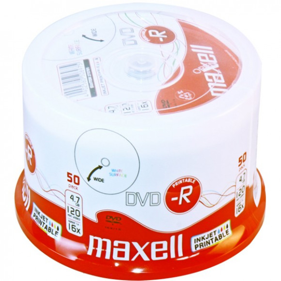 Maxell DVD-R Printable 50 - pk. Standaardcapaciteit: 4,7 GB, Soort: DVD-R, Diameter optische disk: 120 mm. DVD-R schrijfsnelheid: 16x. Type verpakking: Cakedoos