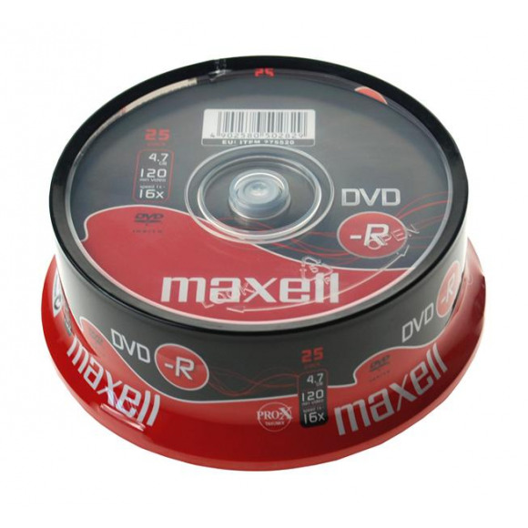 Maxell DVD-R 4.7GB 8x Spindle 25pk. Standaardcapaciteit: 4,7 GB, Diameter optische disk: 120 mm, Aantal per verpakking: 25 stuk(s). DVD schrijfsnelheid: 8x