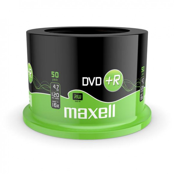 Maxell DVD+R 8x Spindle. Standaardcapaciteit: 4,7 GB, Diameter optische disk: 120 mm, Aantal per verpakking: 50 stuk(s). DVD schrijfsnelheid: 8x