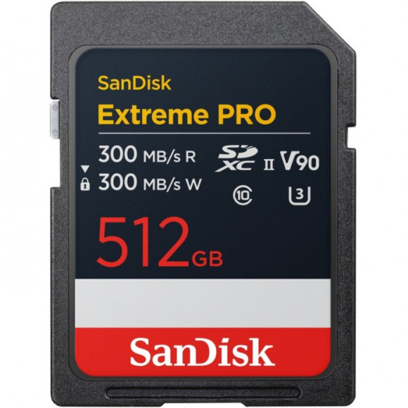 SanDisk 512GB SDXC Extreme Pro 300MB/s V90 UHS-II geheugenkaart