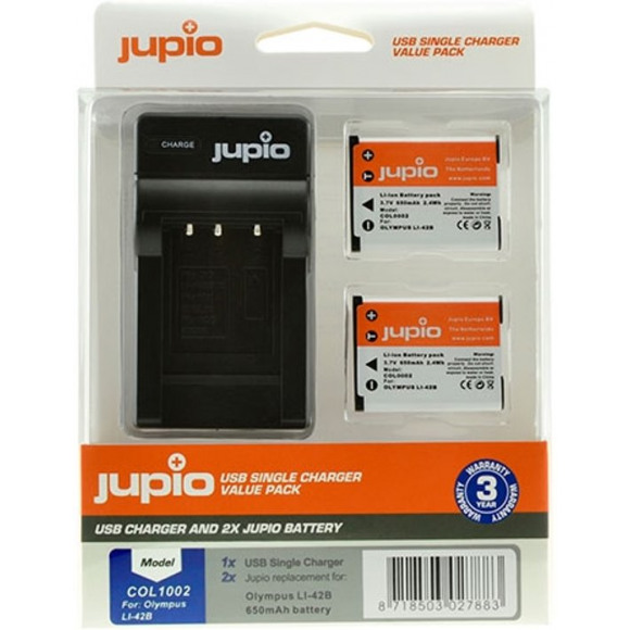 Jupio Kit met 2x Battery Li-40B/Li-42B/NP45/D-Li63/EN-EL10 + USB Single Charger