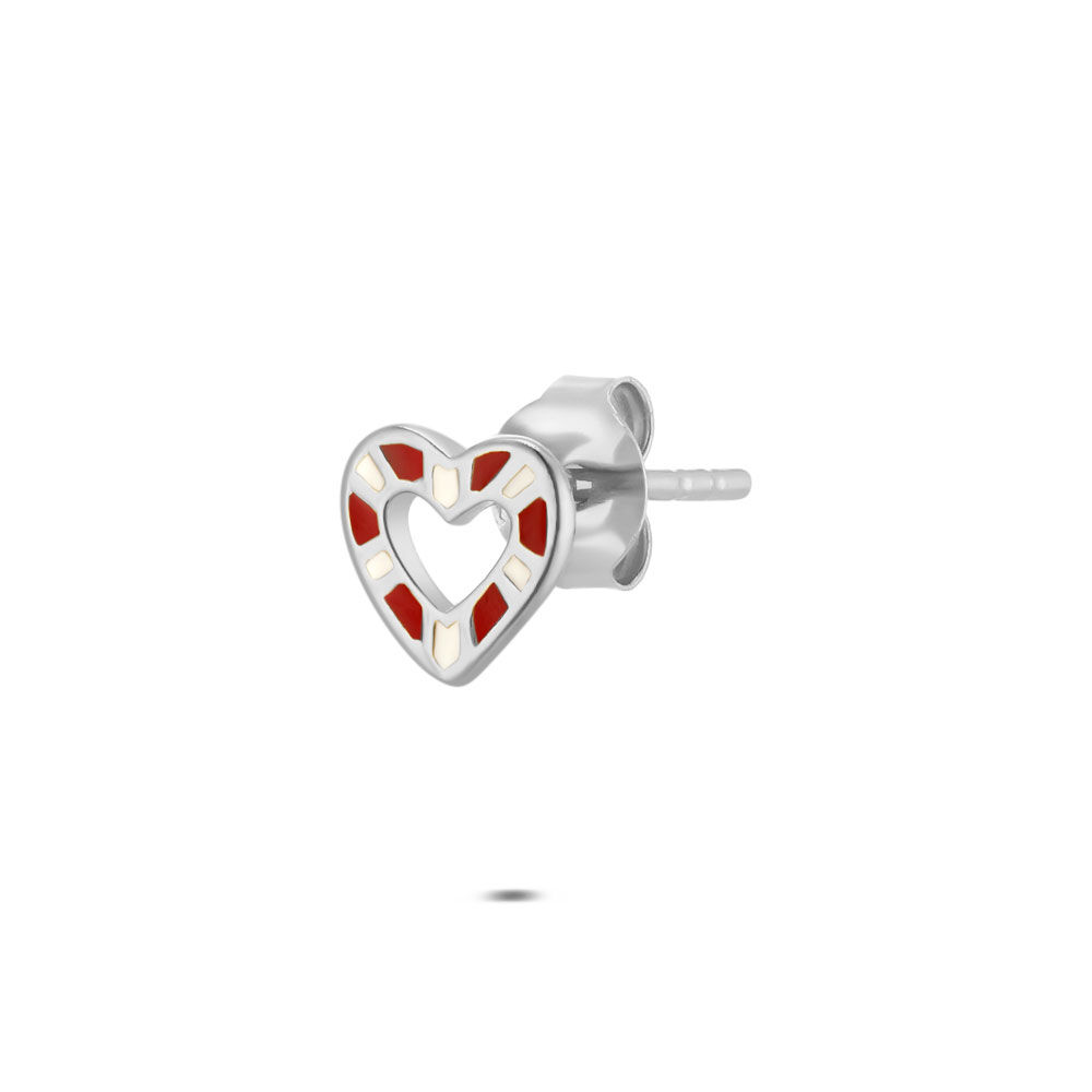 Boucles D'oreilles Pendantes Argentées - Grappe De Pierres Rouges Et Perle Cœur
