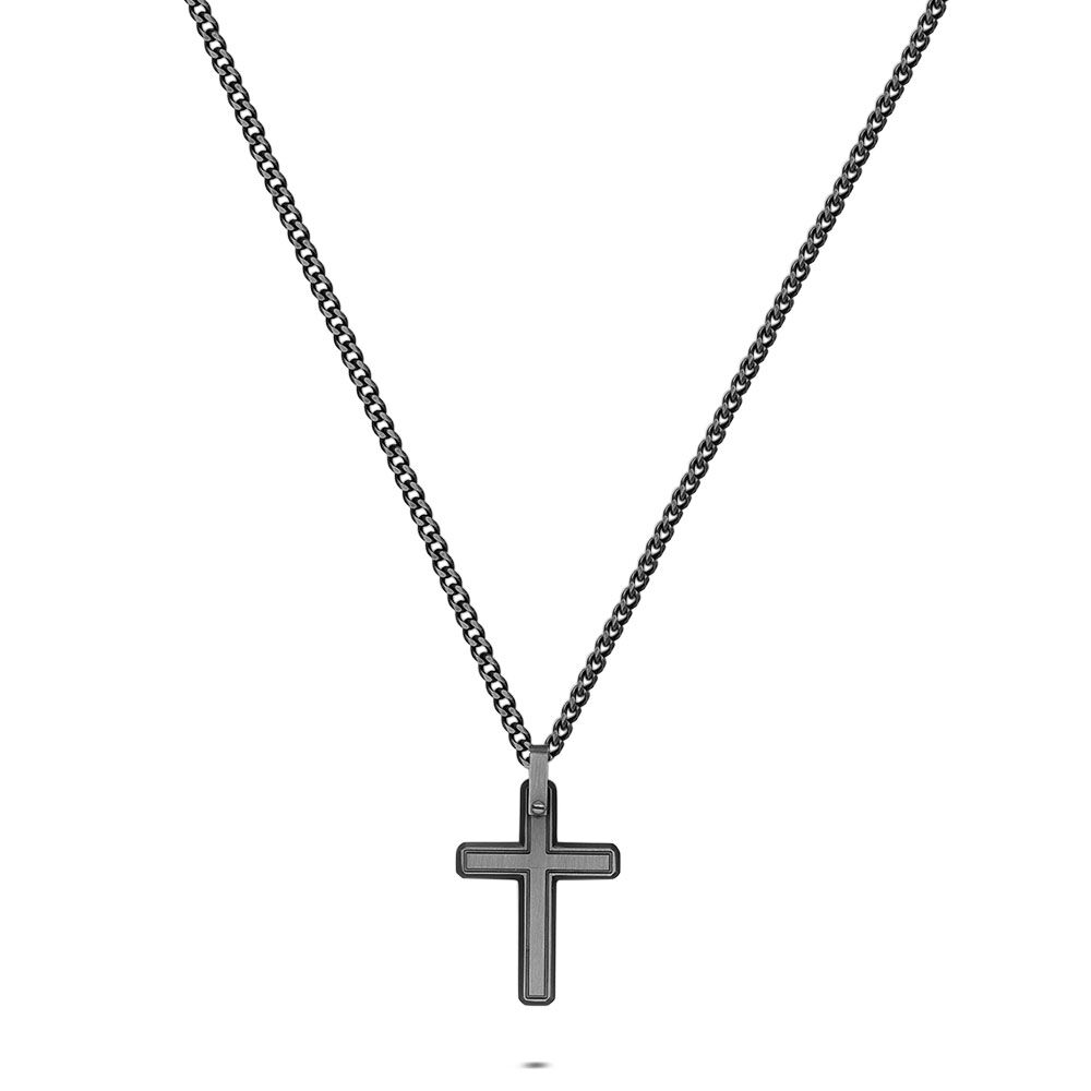 DonDon Collier Homme Croix Acier Inoxydable Avec Chaîne Caoutchouc 50 Cm - Pochette Velours