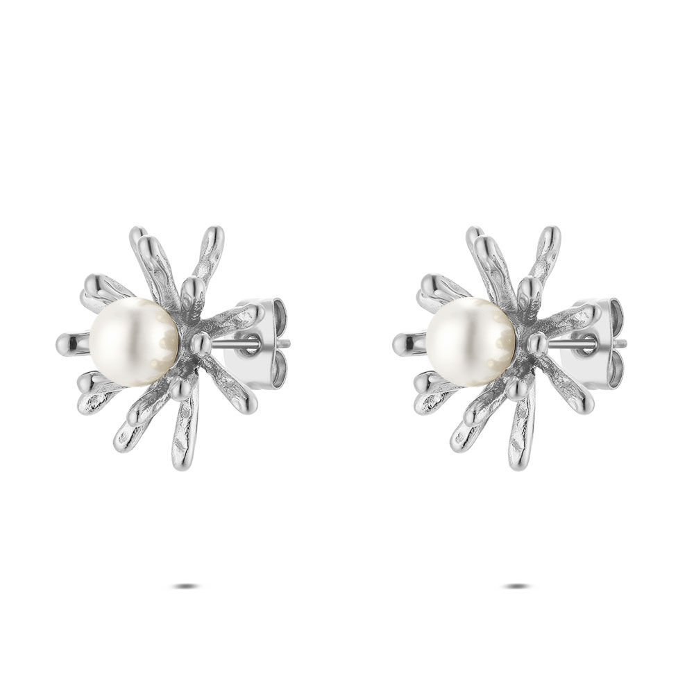 Boucles D'oreilles Perles Beige Argenté Sans Nickel - Dormeuses En Verre BO7