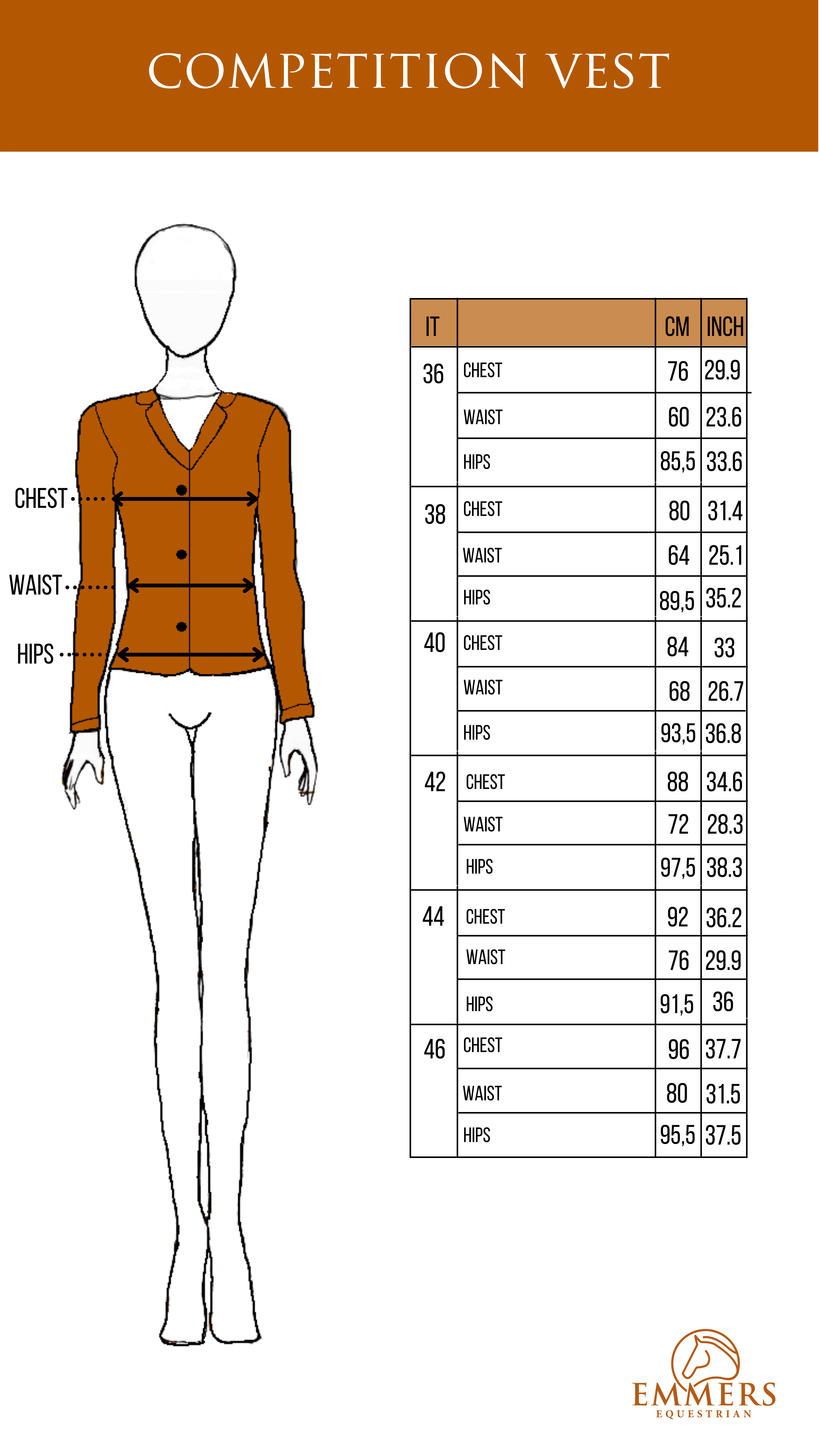Animo size chart competition vest for women