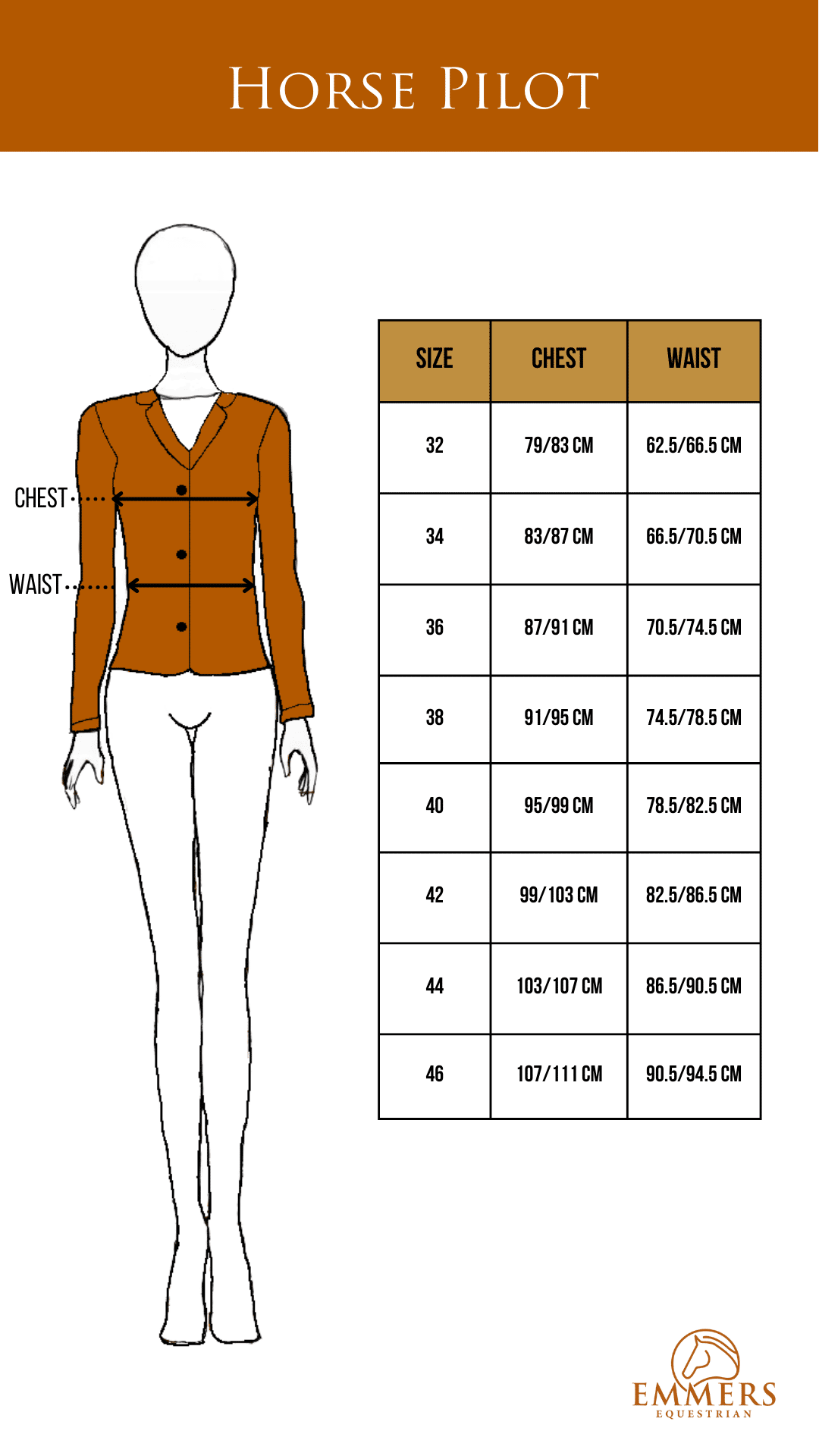 Horse Pilot maattabel wedstrijdvest