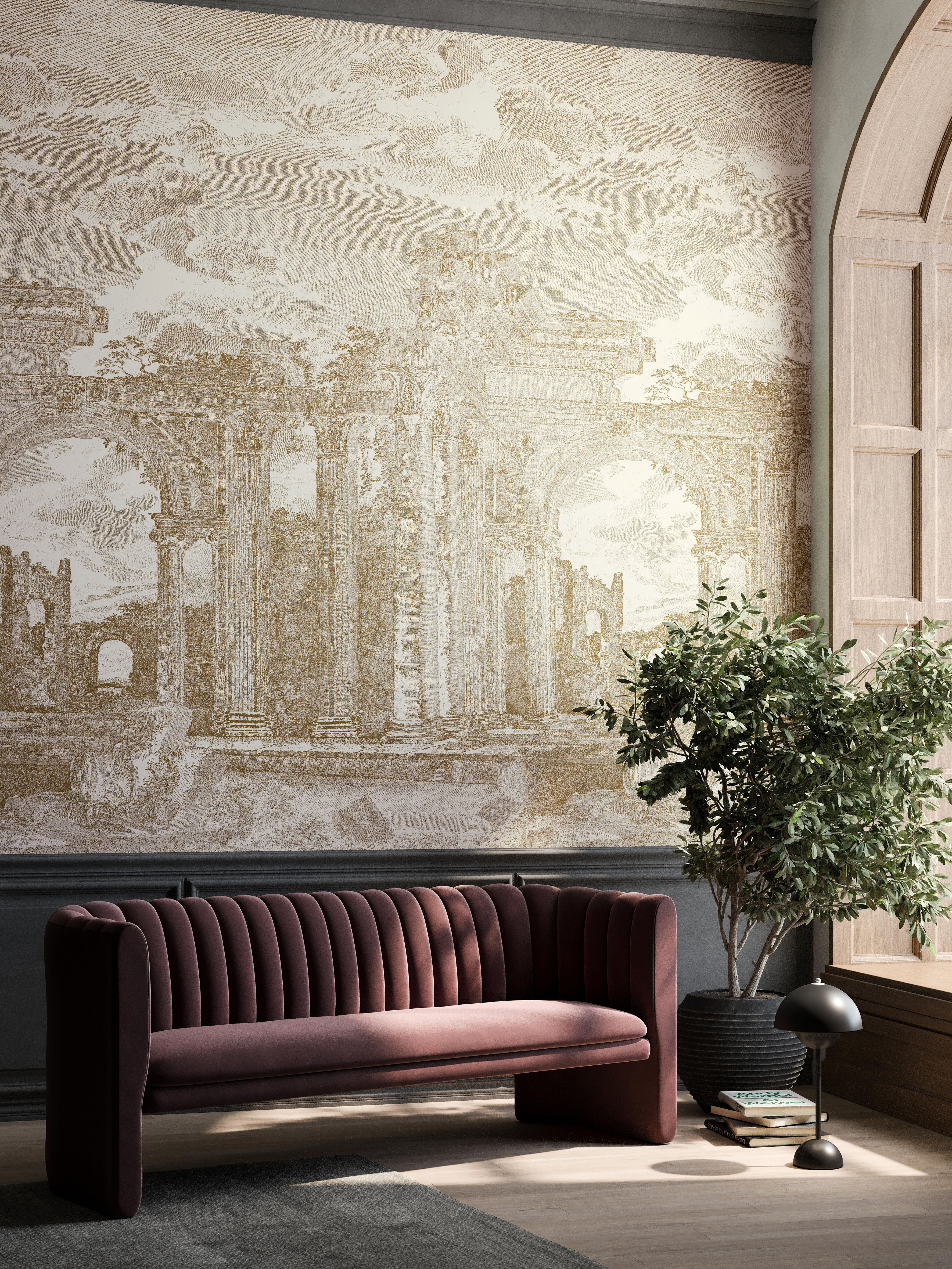 Close-up van Arte Rovine 42560 panoramisch behang met een verfijnde illustratie van een Griekse ruïne. Luxe wandbekleding die een exclusieve sfeer, diepte en een stijlvolle uitstraling creëert in woonkamers, eetkamers en zakelijke interieurs.