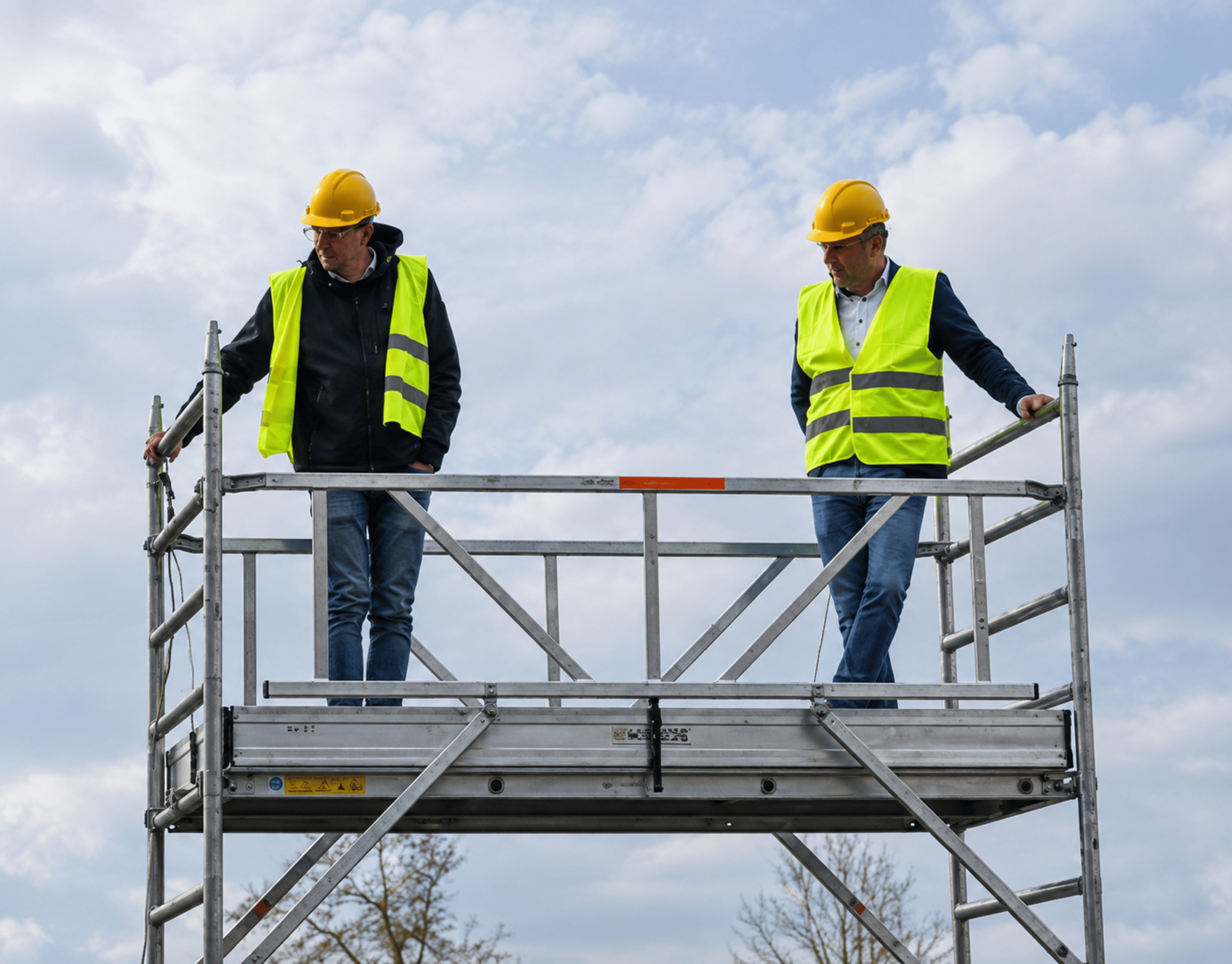 Vakmannen voeren schilderwerken uit vanaf het hoogste platform van een professionele werkstelling in de buitenlucht. Veilig werken op hoogte voor gevelschilderwerken, gevelrenovatie en duurzame buitenschilderwerken.