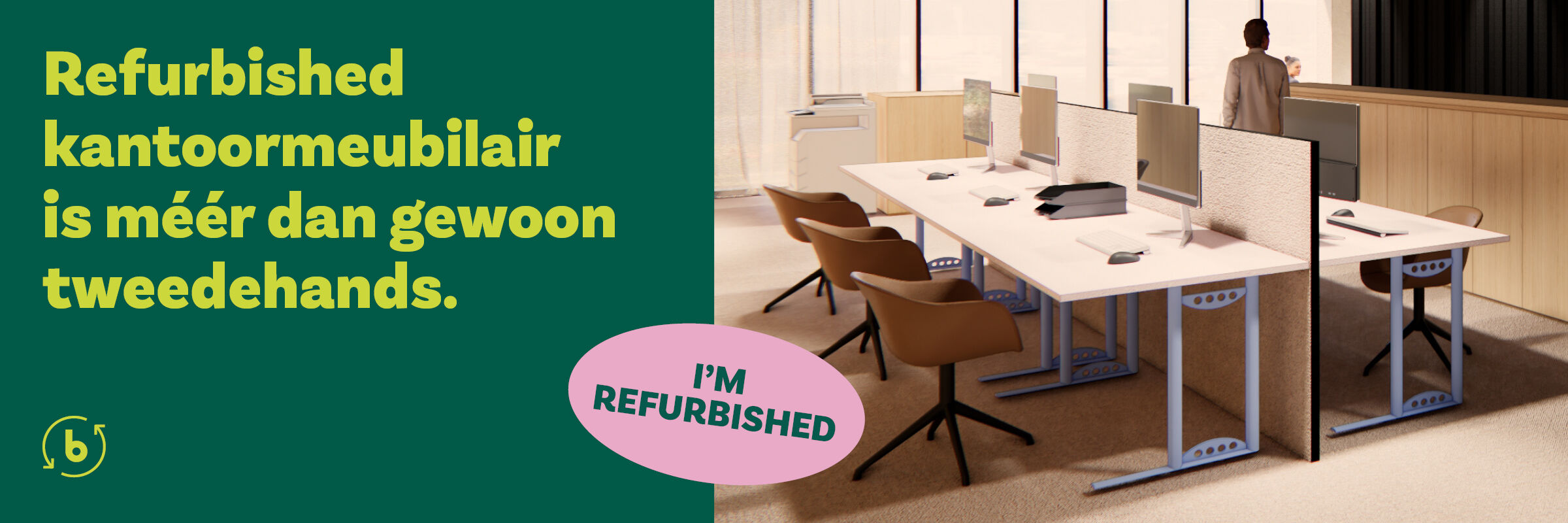 Gezellig ingerichte kantoorruimte met gereviseerd en tweedehands kantoormeubilair - circulair aanbod Buroo