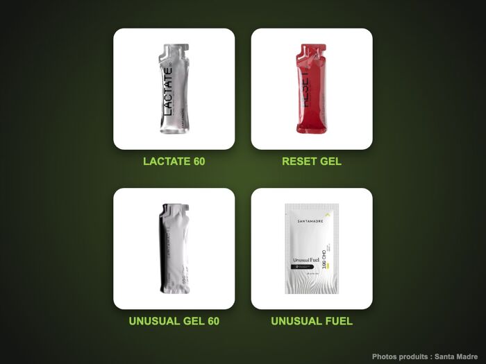 Gels Santa Madre Lactate 60, Reset Gel, Unusual Gel 60 et Unusual Fuel