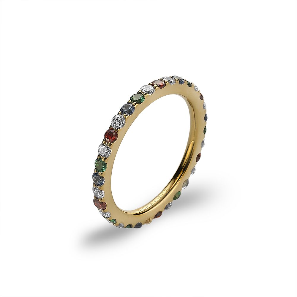 Gold Coloured Stainless Steel Ring Multi Colored Crystals