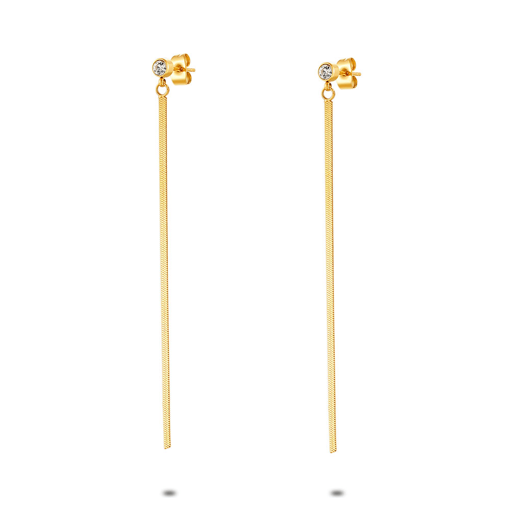 Gold coloured stainless steel earrings flat chain 1 zirconia