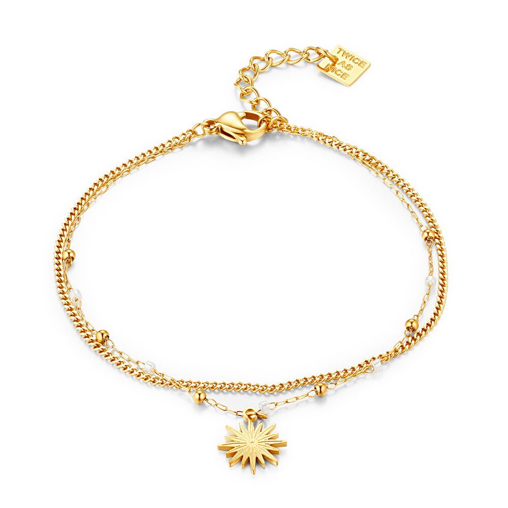 Bracelet en acier poli couleur doré, soleil sur double chaîne, petites  boules et perles