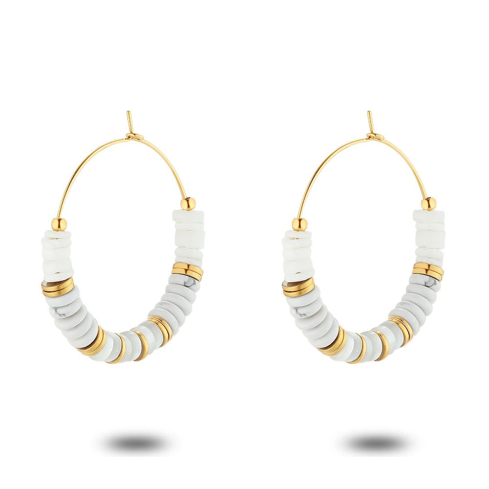 Gold coloured stainless steel earrings hoops mother of pearl